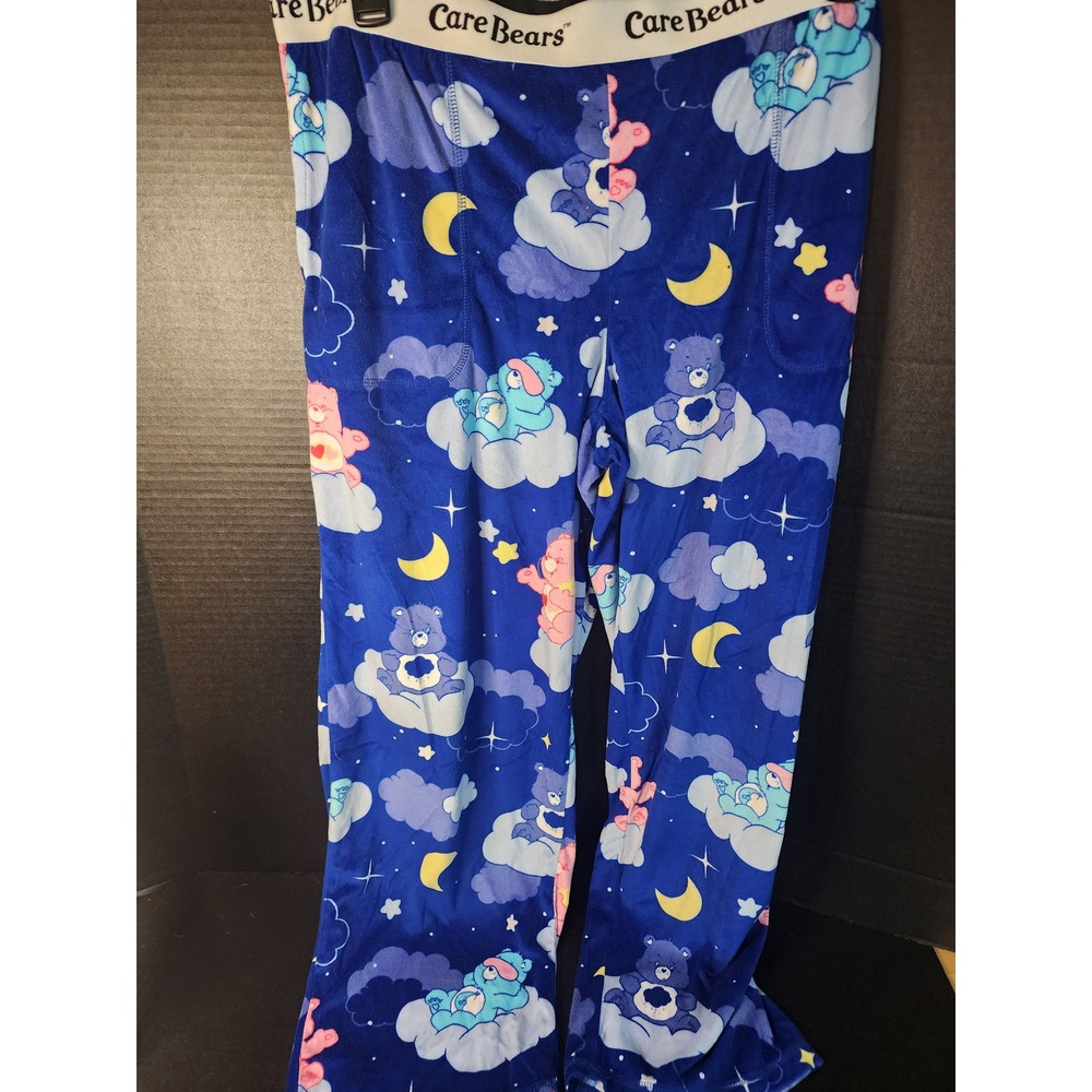 Care Bears Blue Plush Pajama Pants Cloud Moon Star Print Sleepwear Lounge Pocket